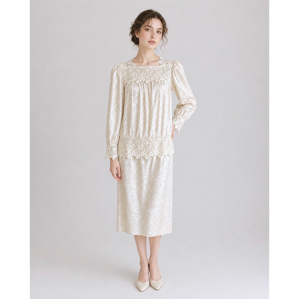 Cachet Bari Protas Floral Damask Lace Drop Waist Dress Womens 12 Cream Ivory 80s